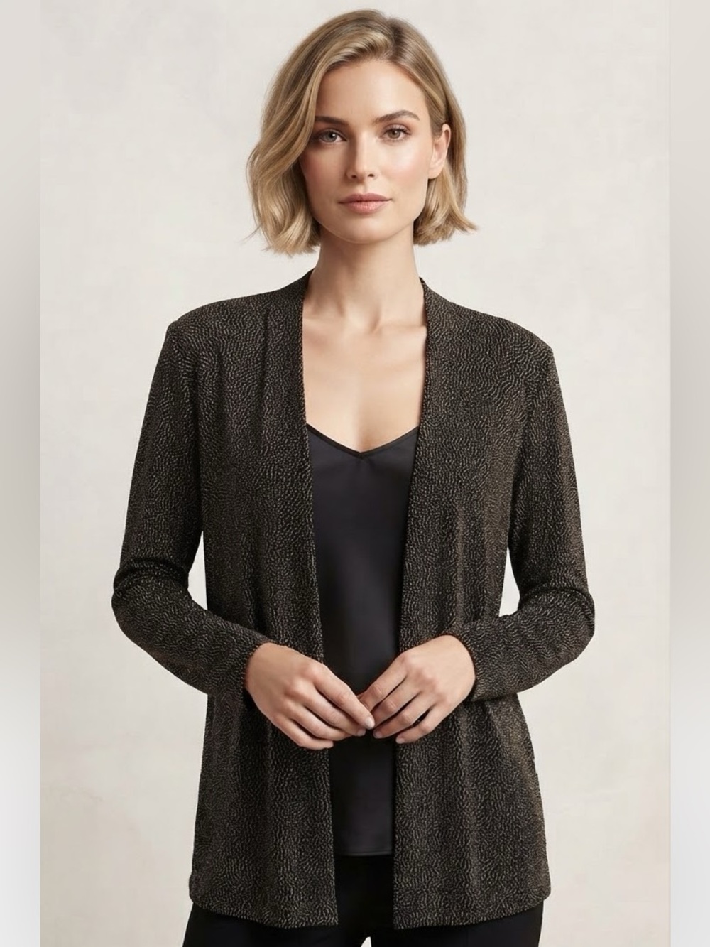 Vintage Amanda Black & Gold Shimmer Open Front Cardigan Jacket Size Medium
